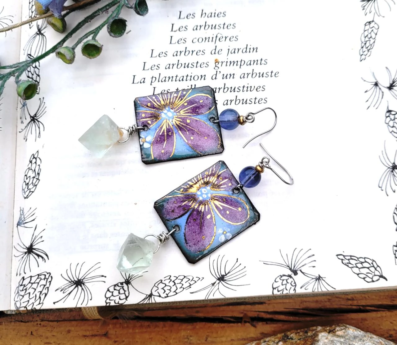 Natural earrings with handmade enamel flower charm, fluorite octahedron – photo 7